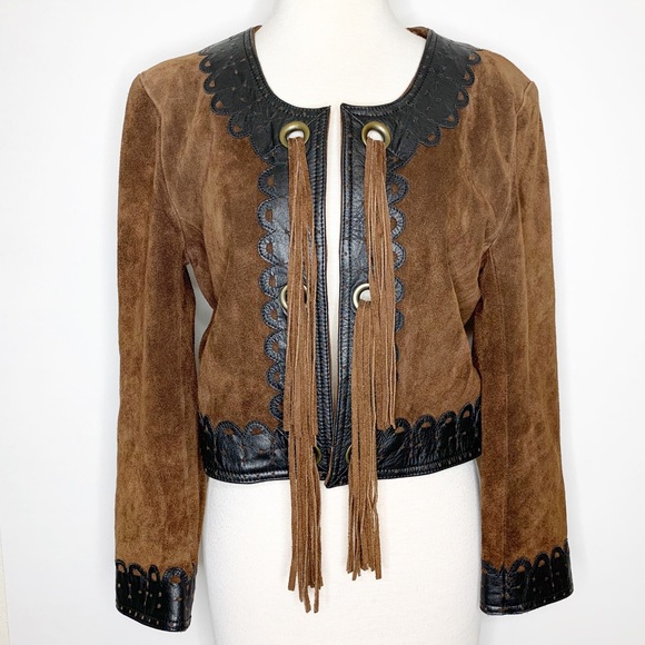 Jackets & Blazers - Vintage suede and leather fringed open jacket